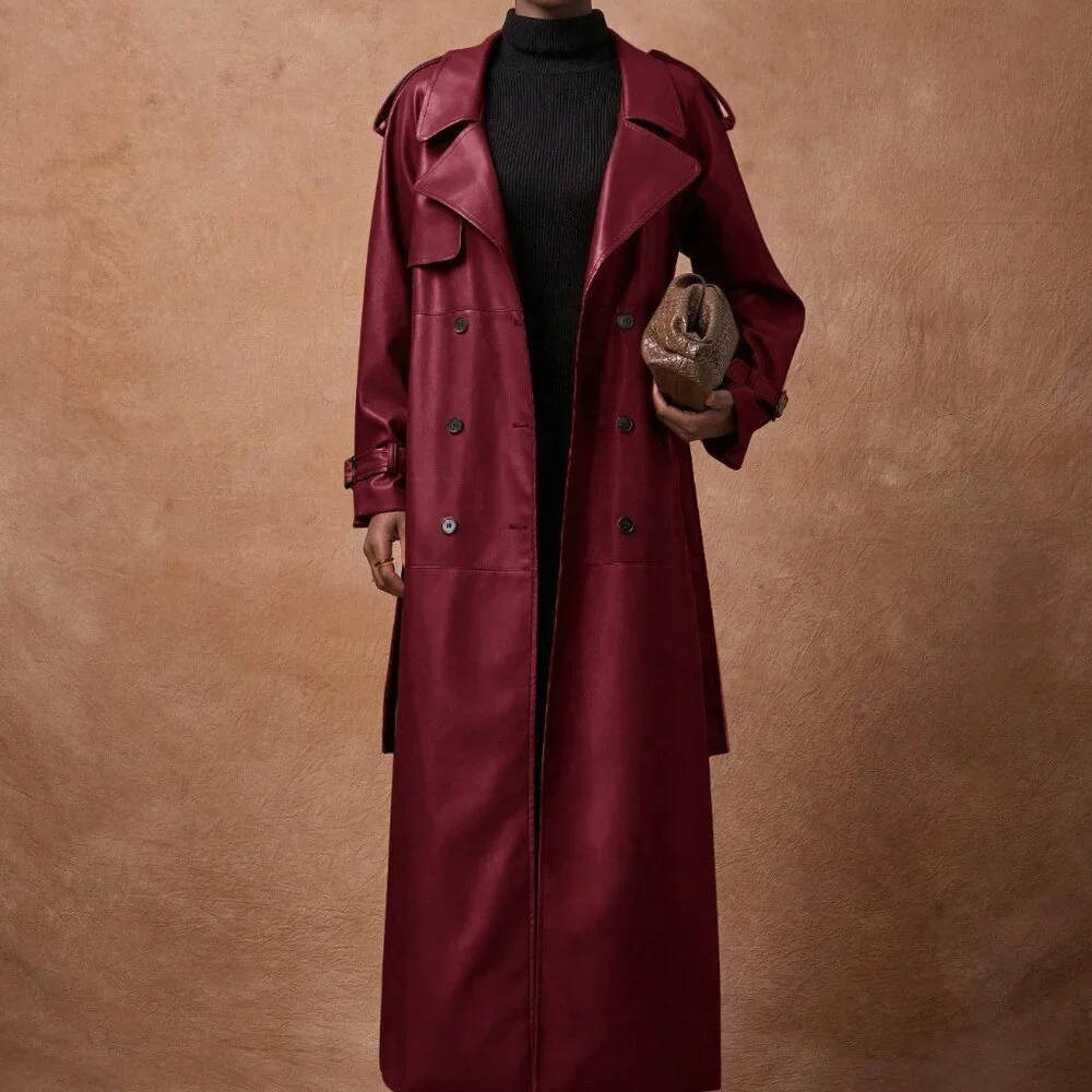 Burgundy Elegant Women's Lapel faux leather belted Long trench Coat - Picture 4 of 8